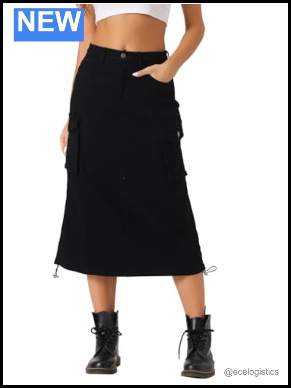 High Rise A-Line Midi Cargo Denim Skirt with Pockets Zip Closure Utility